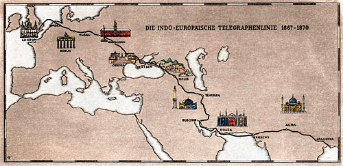 Карта-схема маршрута Индо-Европейского (Англо-Индийского) телеграфа